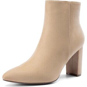 Dream Pairs Women's Nude Pointed Toe Fur Lining Chunky Block Heel Ankle Booties